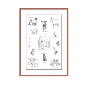 Impresiones de arte de pared neutral, póster de animales de granja, carteles educativos, impresión de aprendizaje, decoración de habitación de juegos para niños, arte de pared Montessori