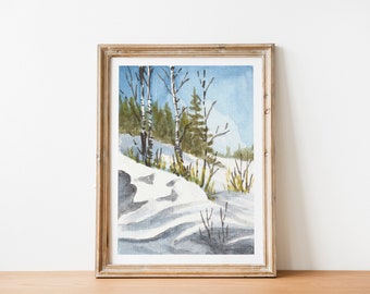 Winter Landscape Watercolor Art Print: Snowy Trees