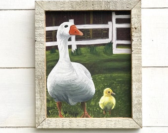 Mother goose and gosling original painting, handmade barn wood frame, 8 x 10