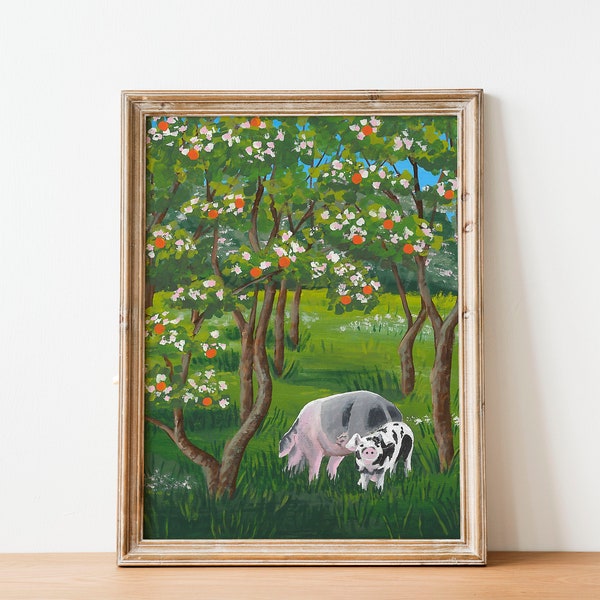 Pig and piglet fine art print old Florida orange orchard painting farm family artwork nursery wall art pig decor