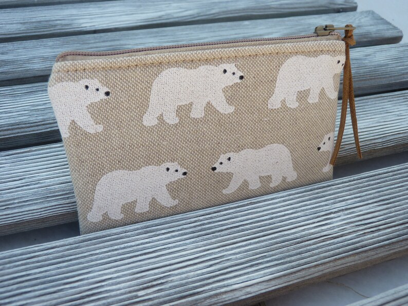 Zippered Pouch Linen pouch Polar Bears Womans Wallet Headphone holder Cash Holder Card Holder Bear Zipper Wallet Coin Purse