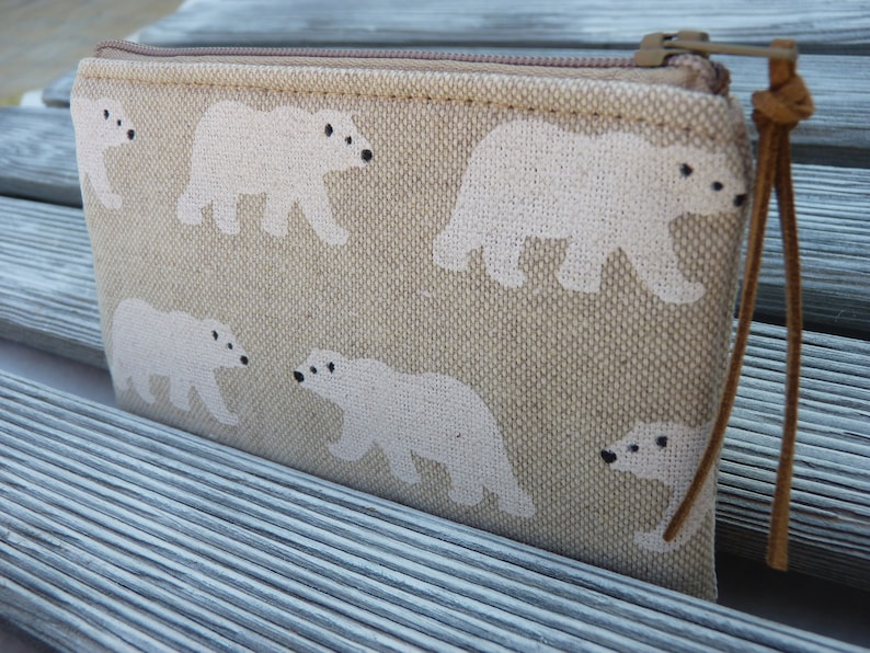 Zippered Pouch Linen pouch Polar Bears Womans Wallet Headphone holder Cash Holder Card Holder Bear Zipper Wallet Coin Purse