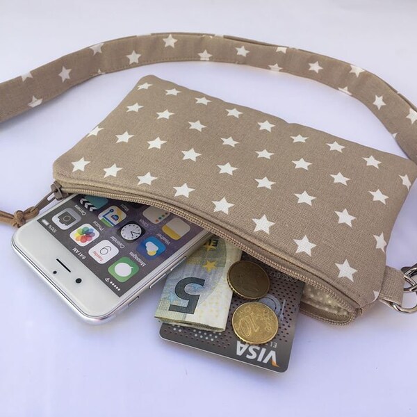 Travel organizers,  Beige Zipper pouch, Zipper wallet, iPhone 8 Pouch Lanyard,  Fabric phone Sleeve Lanyard, Passport Wallet stars Fabric