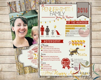 New Years "Year in Review" Infographic Card - Barnboard, Chalkboard or Solid Background. DIY Printable and Personalized Custom Holiday Card