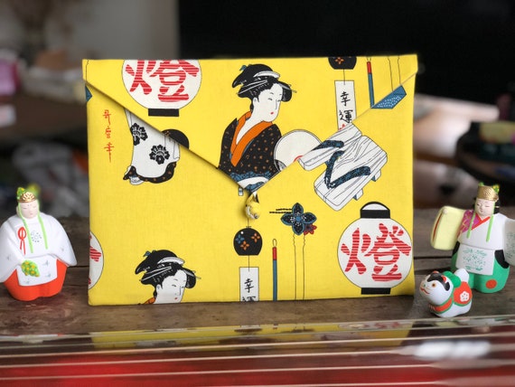 Japanese Ukiyoe style, yellow clutch, iPad case, tablet case, book bag, notebook bag, handcrafted
