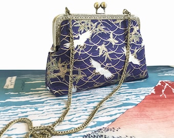 Japanese vintage clutch bag, red-crowned crane clutch, Indigo clutch, clutch purse, handbag, shoulder bag handcrafted