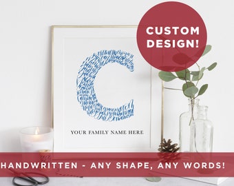 May include: A framed print with a blue handwritten letter C made up of words. The text below the letter reads "Your Family Name Here". The print is on a white background and is framed in gold. The text "CUSTOM DESIGN!" is in a red circle in the upper right corner of the image. The text "HANDWRITTEN - ANY SHAPE, ANY WORDS!" is in red at the bottom of the image.