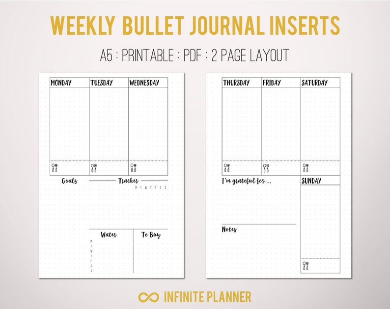 A5 Weekly Layout on 2 Pages Bullet Journal Printable Template image 1