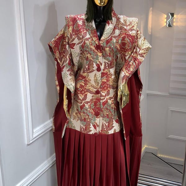 Brocade Kaftan with Satin Silk, African Boubou Dress & Headscarf