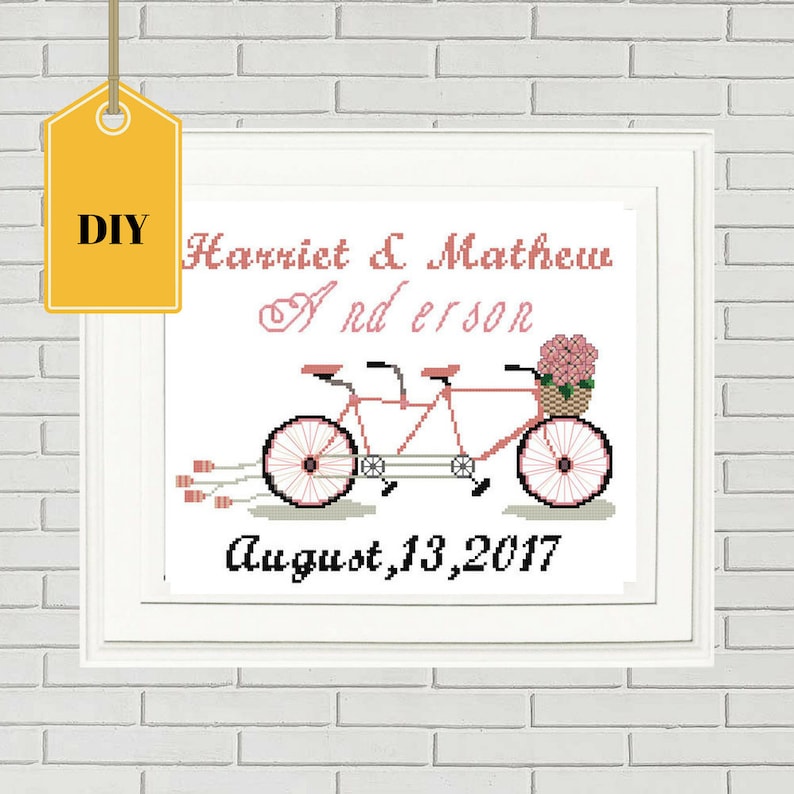 Wedding cross stitch pattern Bridal cross stitch custom wedding gift Wedding gift for couple Personalized Wedding wedding tandem bike