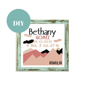 Pink Mountain Cross Stitch Birth announcement  DIY Baby Cross Stitch cross stitch pattern modern cross stitch