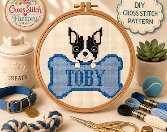 Bulldog Terrier Cross Stitch Pattern, Dog on Bone (PDF Pattern)