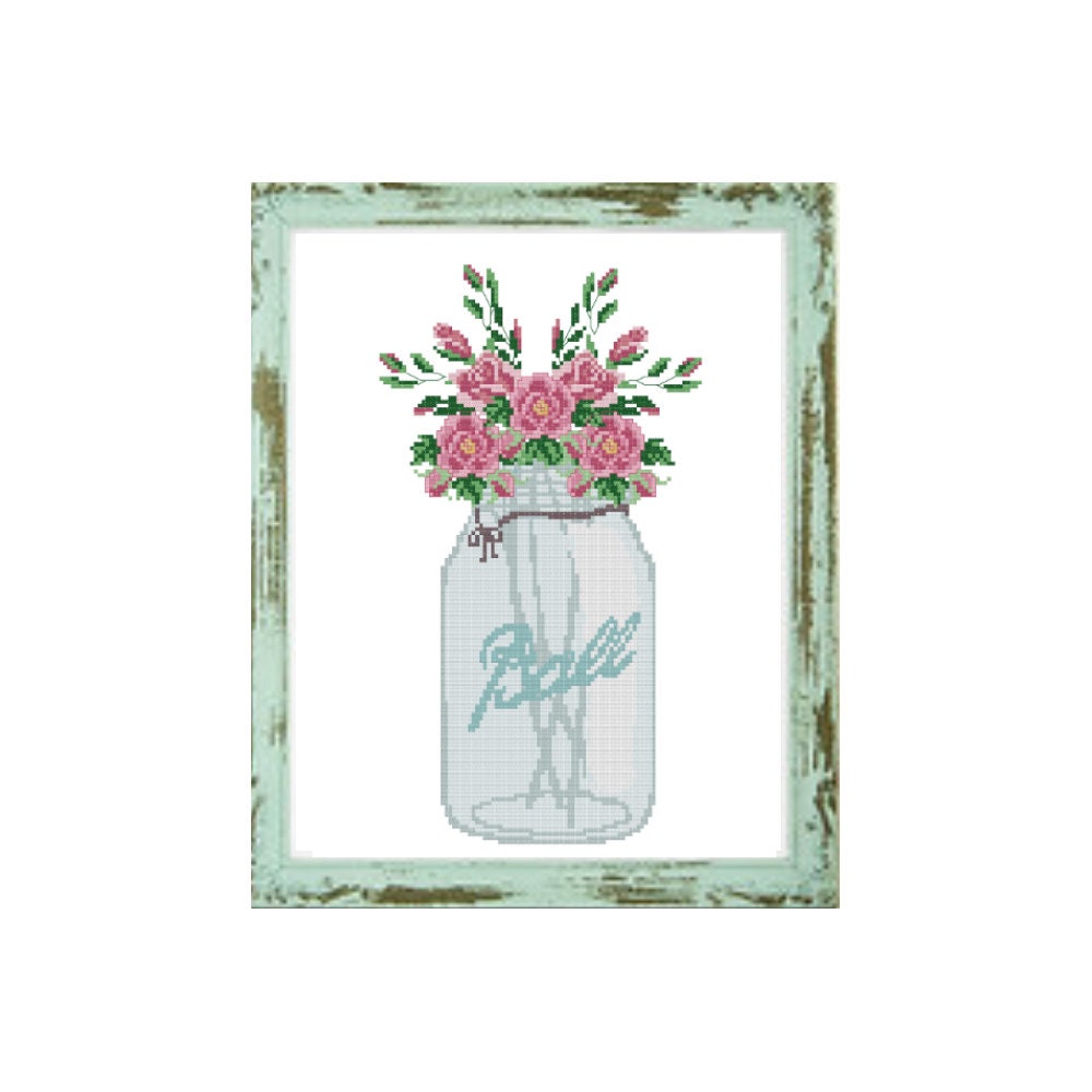 Set of 3 Floral Cross Stitch Pattern Mason Jar Cross Stitch Etsy