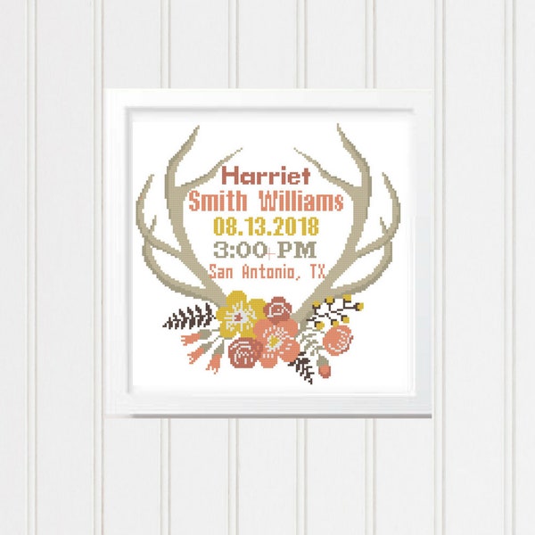 Floral Boho Tribal Antler Cross stitch Pattern custom cross stitch baby cross stitch new baby gift baby shower gift Baby Chart Baby Shower