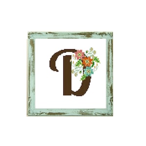 Monograma en punto de cruz «D» - Flores, monograma D, patrón de punto de cruz, letra D, patrón de punto de cruz, monograma de boda, bordado de monograma
