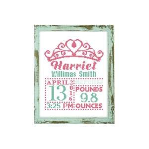 Anúncio de nascimento de princesa, padrão em ponto cruz personalizado, anúncio de bebê, berçário de princesa, coroa de princesa, anúncio de recém-nascido