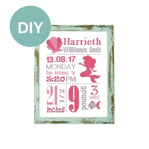 Mermaid Baby Cross stitch pattern DIY Cross Stitch baby  pink cross stitch Birth Announcement mermaid cross stitch