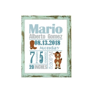 Horse Baby Announcement Cross Stitch Pattern Custom Cross Stitch Birth stats customised cross stitch Cowboy Cross Stitch cowboy chart