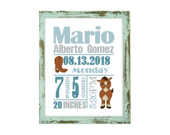 Horse Baby Announcement Cross Stitch Pattern Custom Cross Stitch Birth stats customised cross stitch Cowboy Cross Stitch cowboy chart