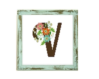 Letter V, cross stitch pattern monogram letter, floral cross stitch flowers, counted cross stitch pattern alphabet