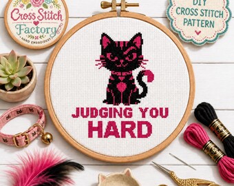 Puede incluir: Un proyecto de punto de cruz en un bastidor de madera con un gato negro con detalles en rosa y el texto JUDGING YOU HARD. Incluye un bastidor floral pequeño, un letrero festoneado con DIY CROSS STITCH PATTERN, un collar rosa, un juguete y hilo.
