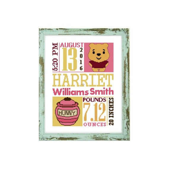 BABY POOH CROSS STITCH PATTERN Winnie the Pooh BIRTH ANNOUNCEMENT