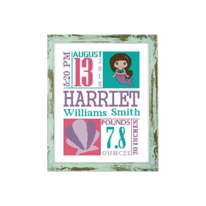 Mermaid  Birth Announcement Cross Stitch Pattern Custom pattern baby announcement little mermaid  mermaid baby mermaid cross stitch