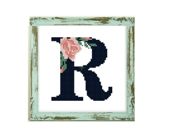 Monogram cross stitch«R» -Flowers monogram R cross stitch pattern letter R cross stitch pattern wedding monogram monogram embroidery