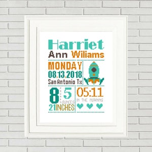 Birth Announcement Space Rocket  custom cross stitch baby cross stitch modern cross stitch nursery cross stitch cute cross stitch