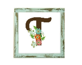 Letter T, cross stitch pattern monogram letter, floral cross stitch flowers, counted cross stitch pattern alphabet