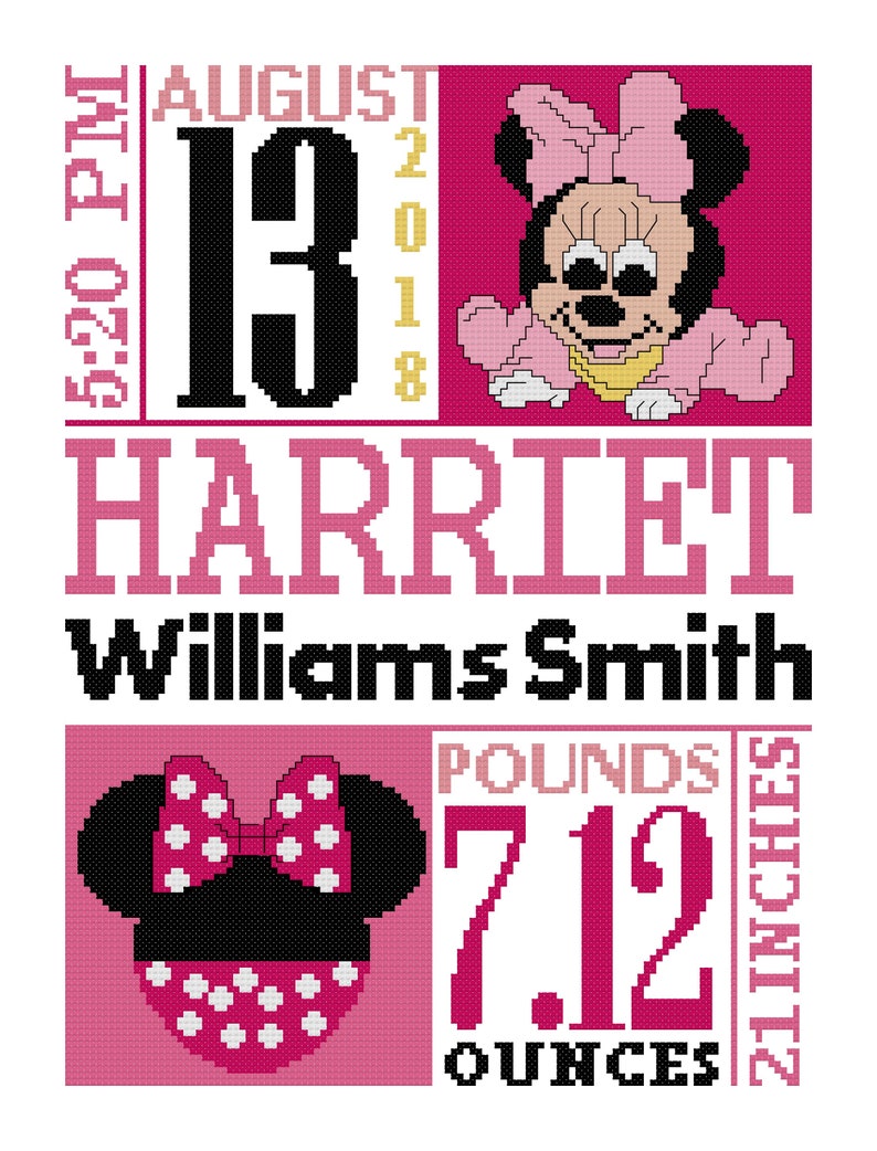Baby cross stitch Minnie Mouse Birth Announcement cross Etsy
