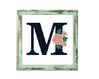 Floral Letter «M» -Flowers monogram M cross stitch pattern letter M alphabet monogram cross stitch wedding cross stitch initial cross stitch