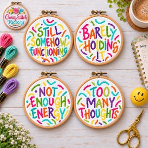 May include: Four circular wooden embroidery hoops containing white fabric with colorful cross-stitched text. The phrases read: Still Somehow Functioning, Barely Holding It, Not Enough Energy, and Too Many Thoughts, surrounded by abstract shapes.
