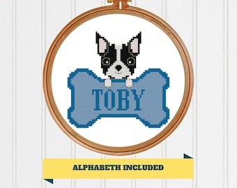 Bulldog Terrier Cross Stitch Pattern, Dog on Bone (PDF Pattern)