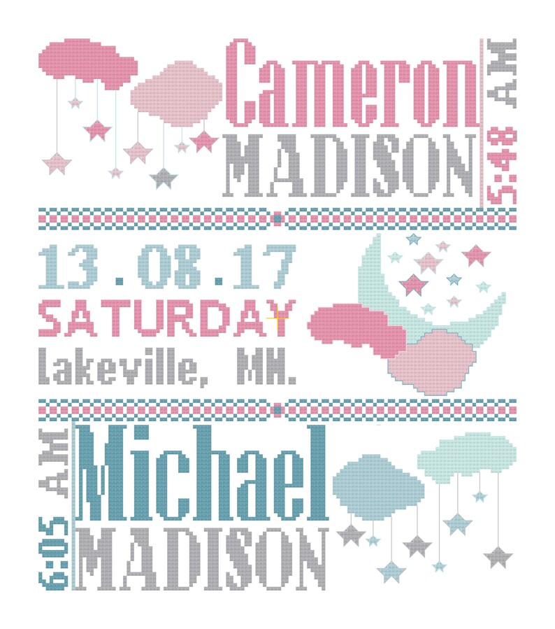 Twins Baby Cross Stitch Pattern Birth Announcement Custom Etsy UK