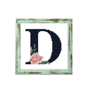 Monograma en punto de cruz «D» - Flores, monograma D, patrón de punto de cruz, letra D, patrón de punto de cruz, monograma de boda, bordado de monograma