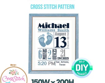 Blue Baby Footprint Birth Announcement Cross Stitch Pattern PDF | Baby Name Sampler | Instant Download