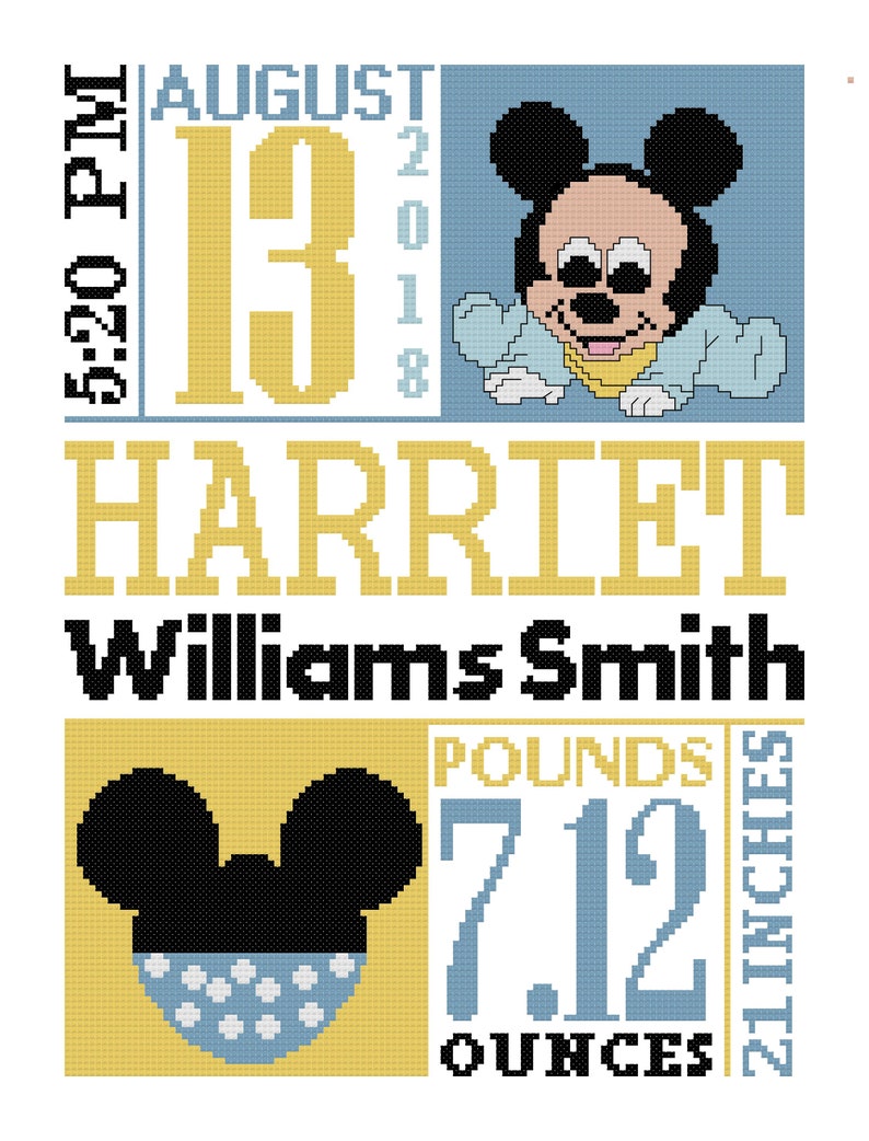 Mickey Mouse Birth Announcement DIY Cross Stitch Pattern Birth Etsy