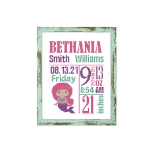 Mermaid Baby Cross stitch pattern Custom Cross Stitch baby cross stitch custom cross stitch Birth Announcement mermaid cross stitch