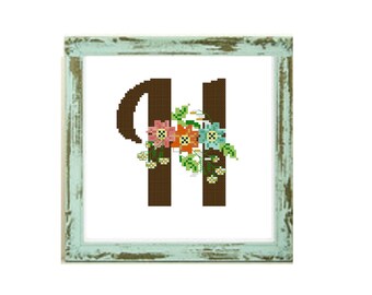 Blumenbuchstabe „H“ – Blumenmonogramm H Kreuzstichmuster Buchstabe H Alphabet Monogramm Kreuzstich Hochzeit Kreuzstich anfänglicher Kreuzstich