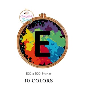Color splash Monogram cross stitch «E»- E cross stitch pattern letter E cross stitch pattern wedding monogram