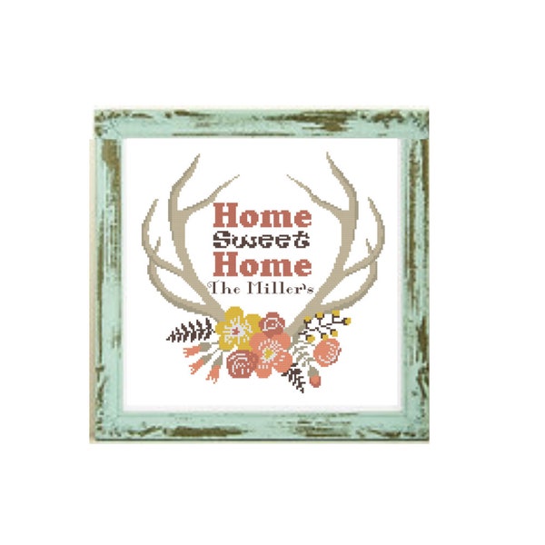 Personalized Family Name Cross Stitch Pattern New Home Gift  Custom Family Cross Stitch Family chart home sweet home antler cross stitch