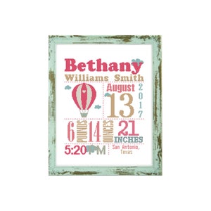 Baby Girl cross stitch custom cross stitch baby cross stitch Birth Announcement hotair balloon cross stitch balloon nursery nursery cross