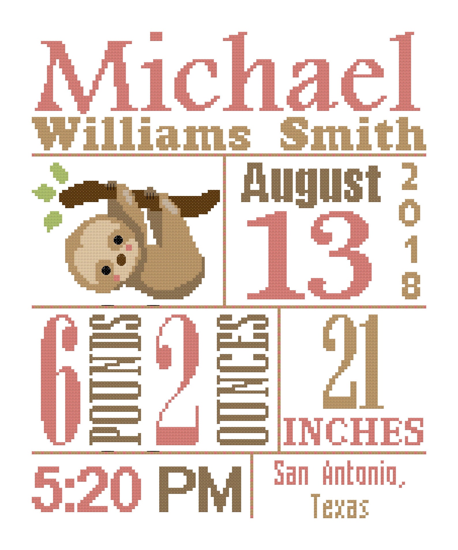 Lazy Sloth Birth Announcement Cross Stitch Pattern Baby Cross Etsy