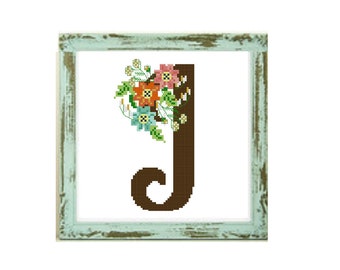 Floral Letter «J» -Flowers monogram J cross stitch pattern letter J alphabet monogram cross stitch wedding cross stitch initial cross stitch