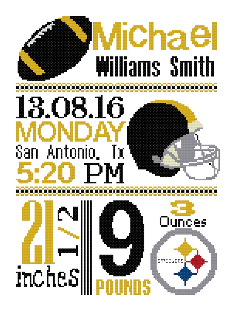 Pittsburgh Steelers Football Birth Announcement Pattern Cross Etsy
