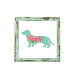 Teckel hond silhouet kruissteekpatroon bloemenkaart hondenliefhebbers kruissteek Weiner hond kruissteek teckel kruissteek 17-019