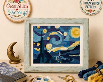 May include: A framed cross stitch embroidery depicting a starry night scene with swirling blue and yellow patterns. The piece is displayed alongside a paint palette, embroidery scissors, a thimble, embroidery floss, and a book titled Van Gogh.