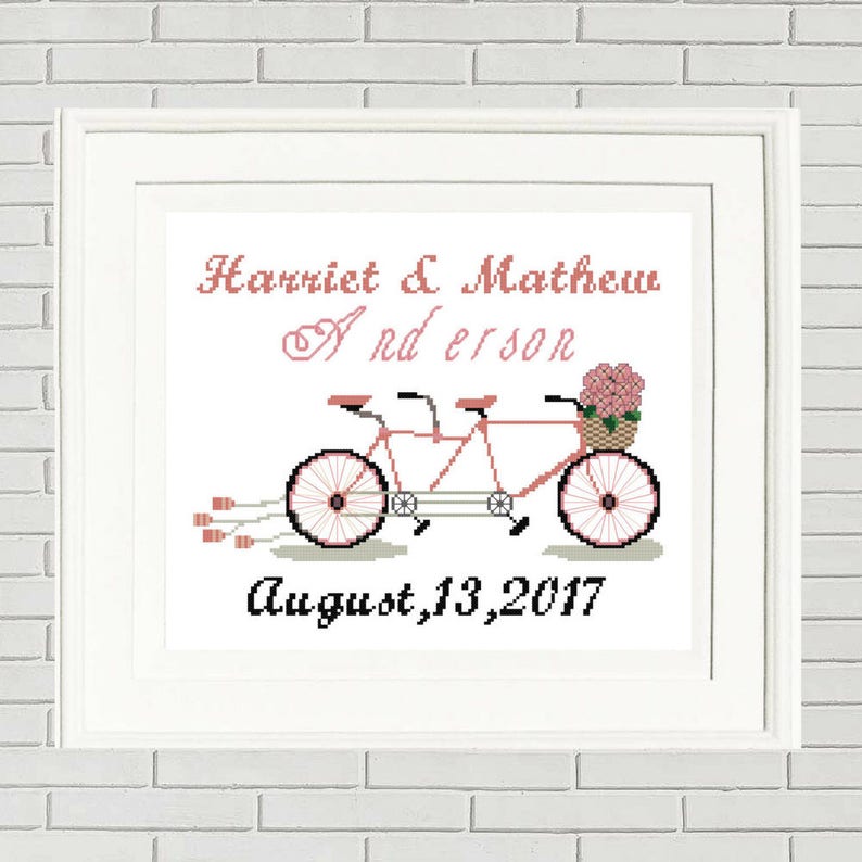 Wedding cross stitch pattern Bridal cross stitch custom wedding gift Wedding gift for couple Personalized Wedding wedding tandem bike