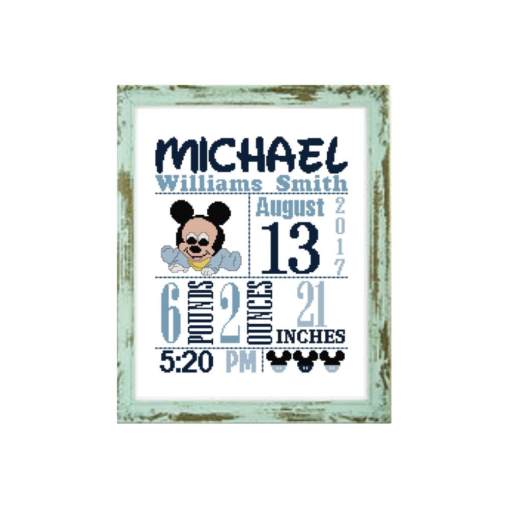 Mickey Mouse Birth Announcement cross stitch pattern baby Etsy